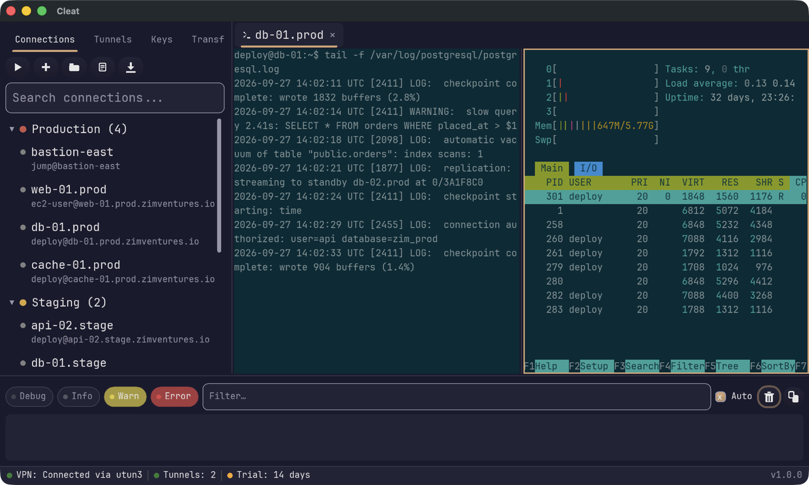 Cleat on macOS: a colour-coded list of saved servers on the left, and a
            terminal tab split into two panes on the right — a tailed Postgres log
            beside a live htop.