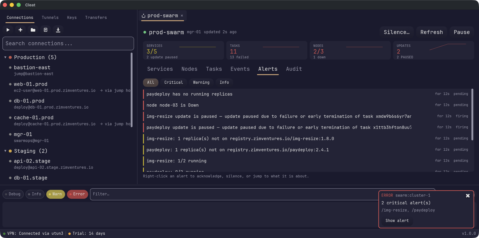 The alerts inbox: services with no running replicas, a node down, two updates
                paused, and replicas not on the expected image — each with how long it has been
                firing.