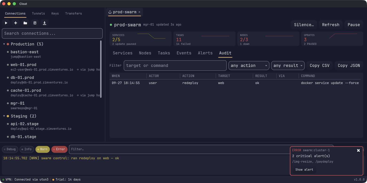 The audit tab listing control actions taken against the cluster.