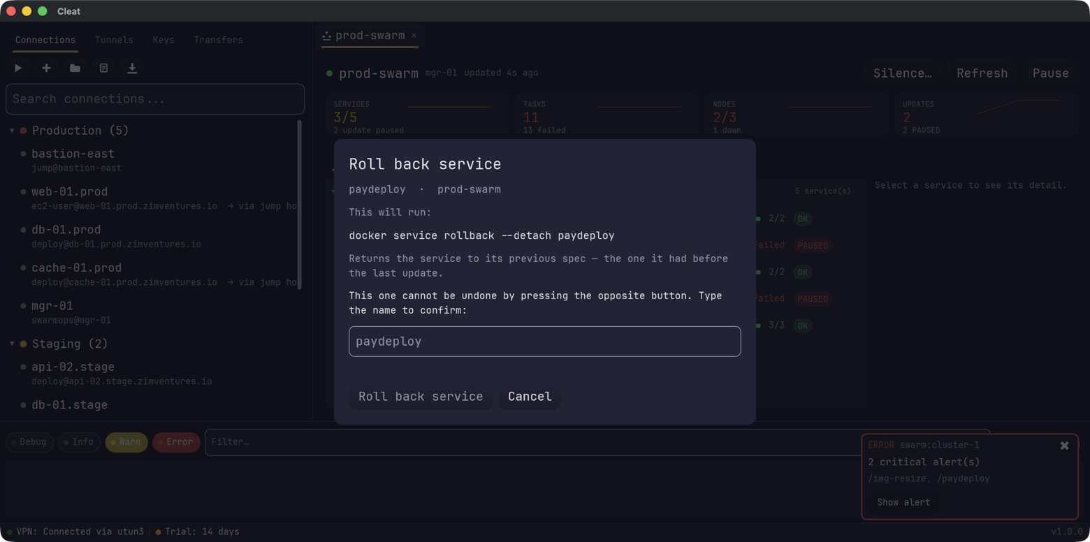 A confirmation dialog for rolling back a service: the exact docker command it will
                run, what a rollback does, and a field requiring the service name to be typed.