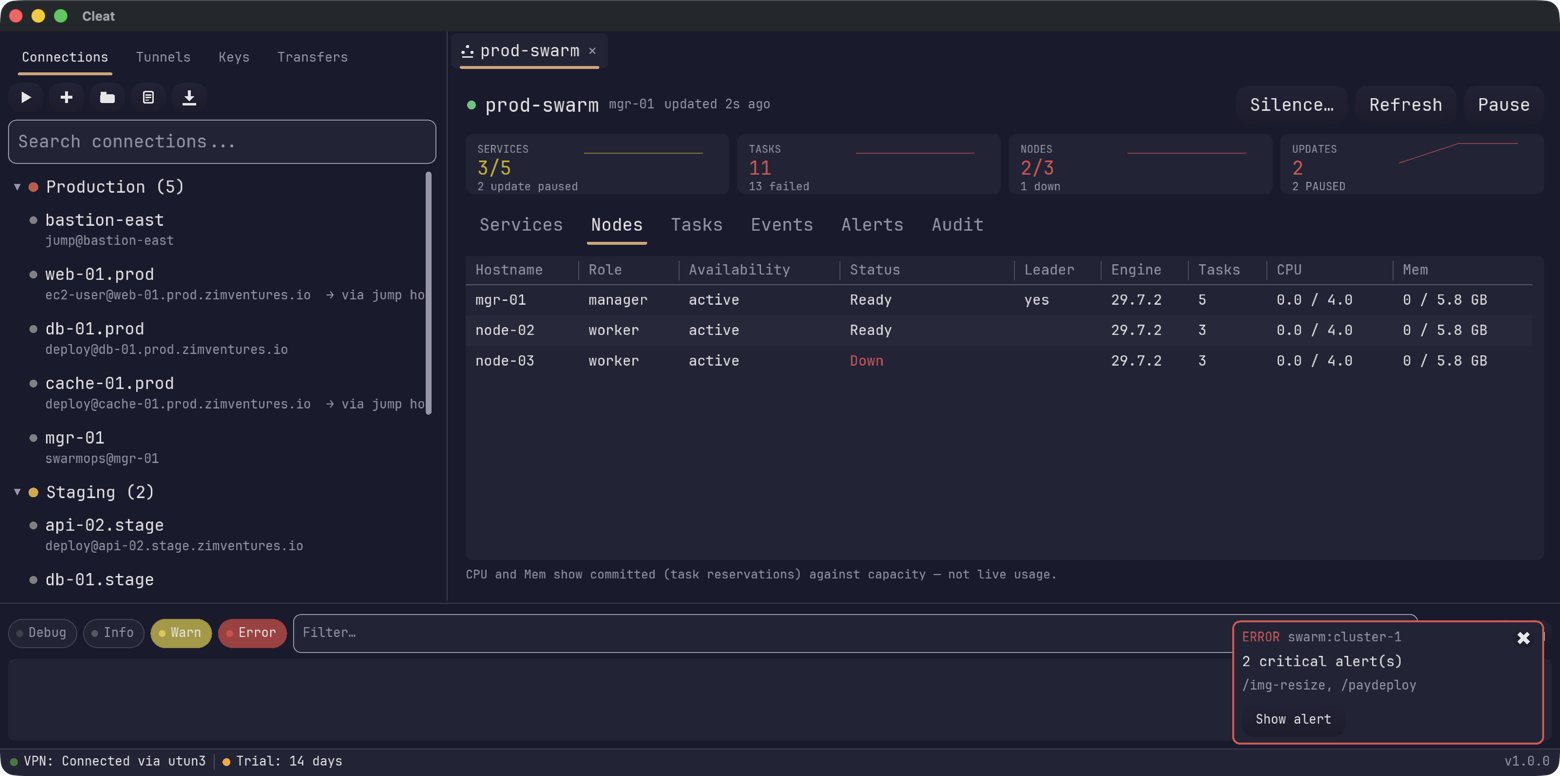 The nodes table: a manager marked leader and two workers, one of them down, with
                engine version, task count and committed CPU and memory.
