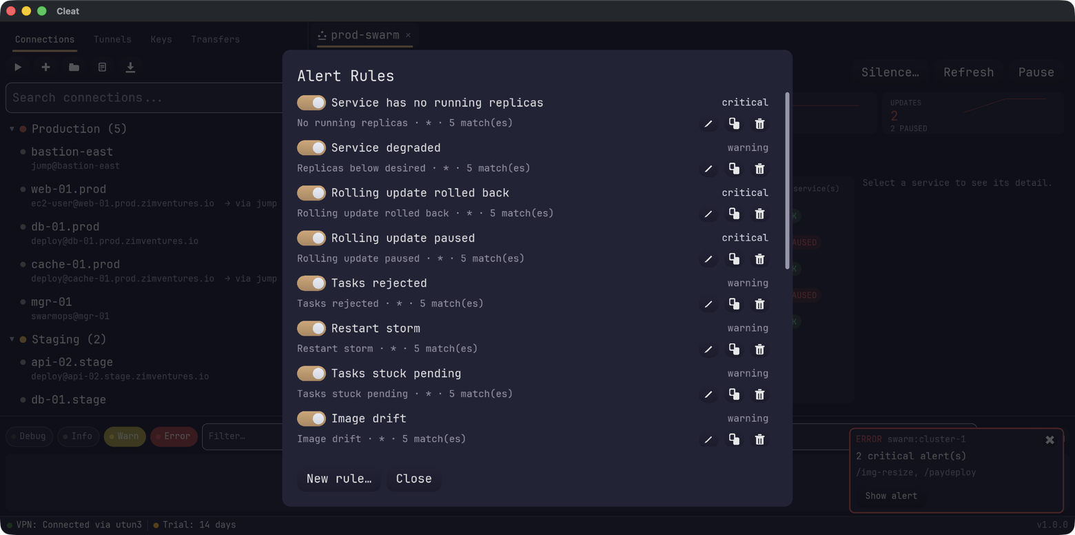 The alert rules editor: seeded rules for replicas, rolling updates, rejected tasks,
                restart storms and image drift, each with a toggle and a severity.